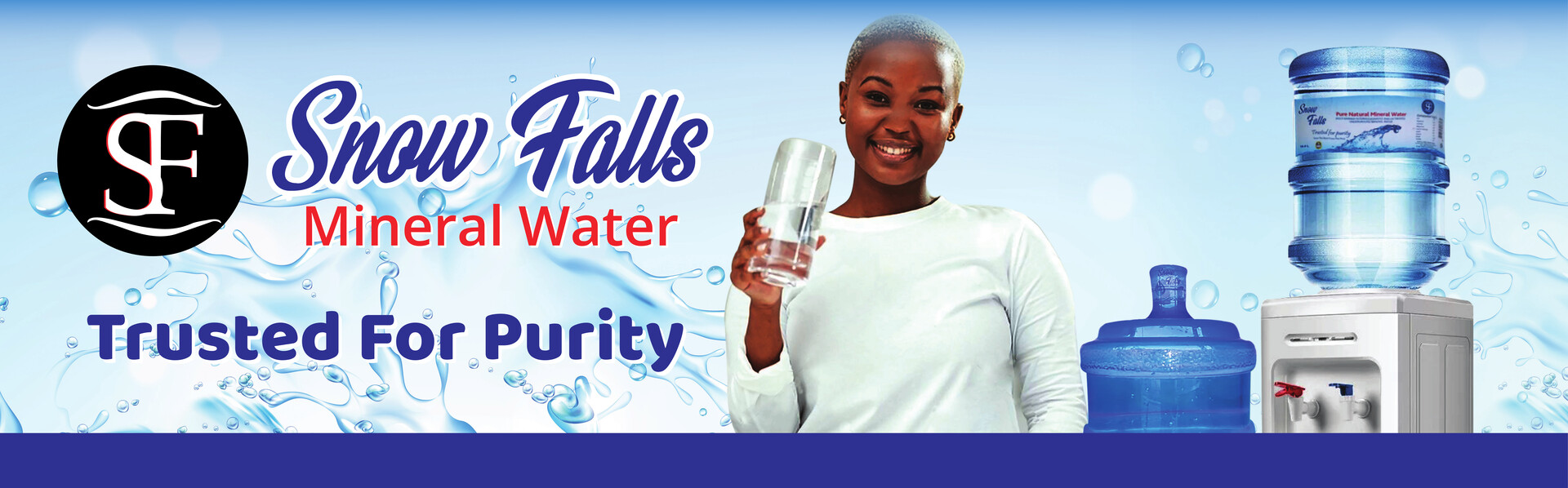 Snow Falls mineral water banner with dispenser and jumbo bottles